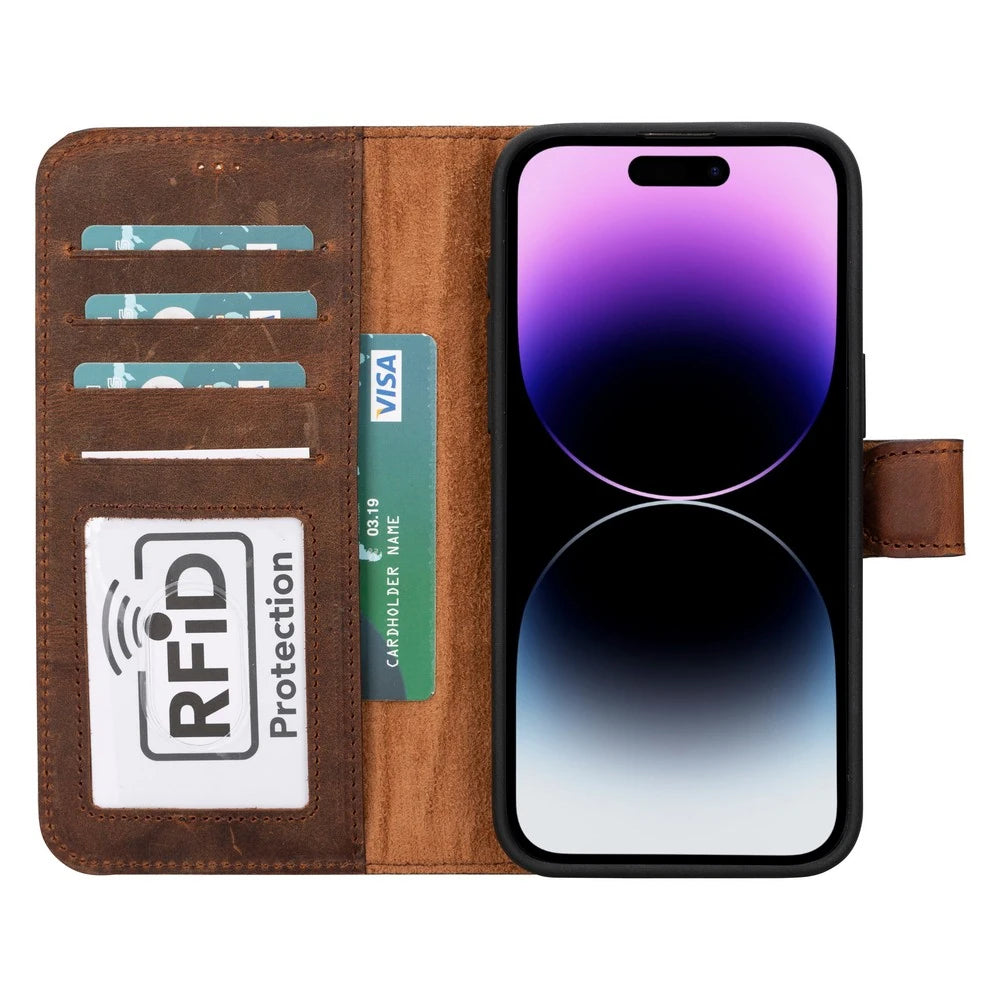 Apple iPhone 15 Pro Max Uyumlu Deri Cüzdanlı Kılıf MWWN G2 Kahve