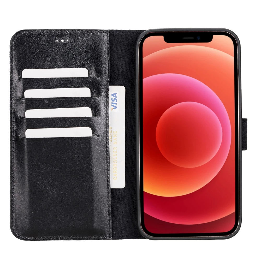 Apple iPhone 12 Pro Max Uyumlu Deri Cüzdanlı Kılıf RST1 Siyah