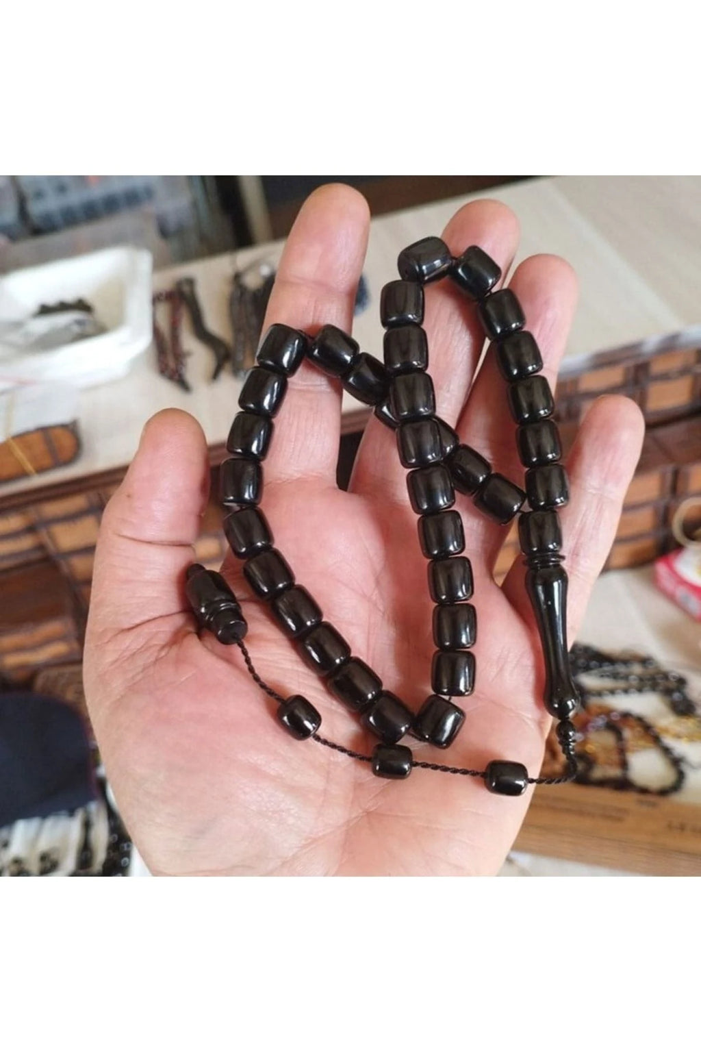 Erkek Siyah Eskitme Tarz Sistemli Kumpaslı Işlemesiz 8x9 Mm Erzurum Oltu Taşı Tesbih