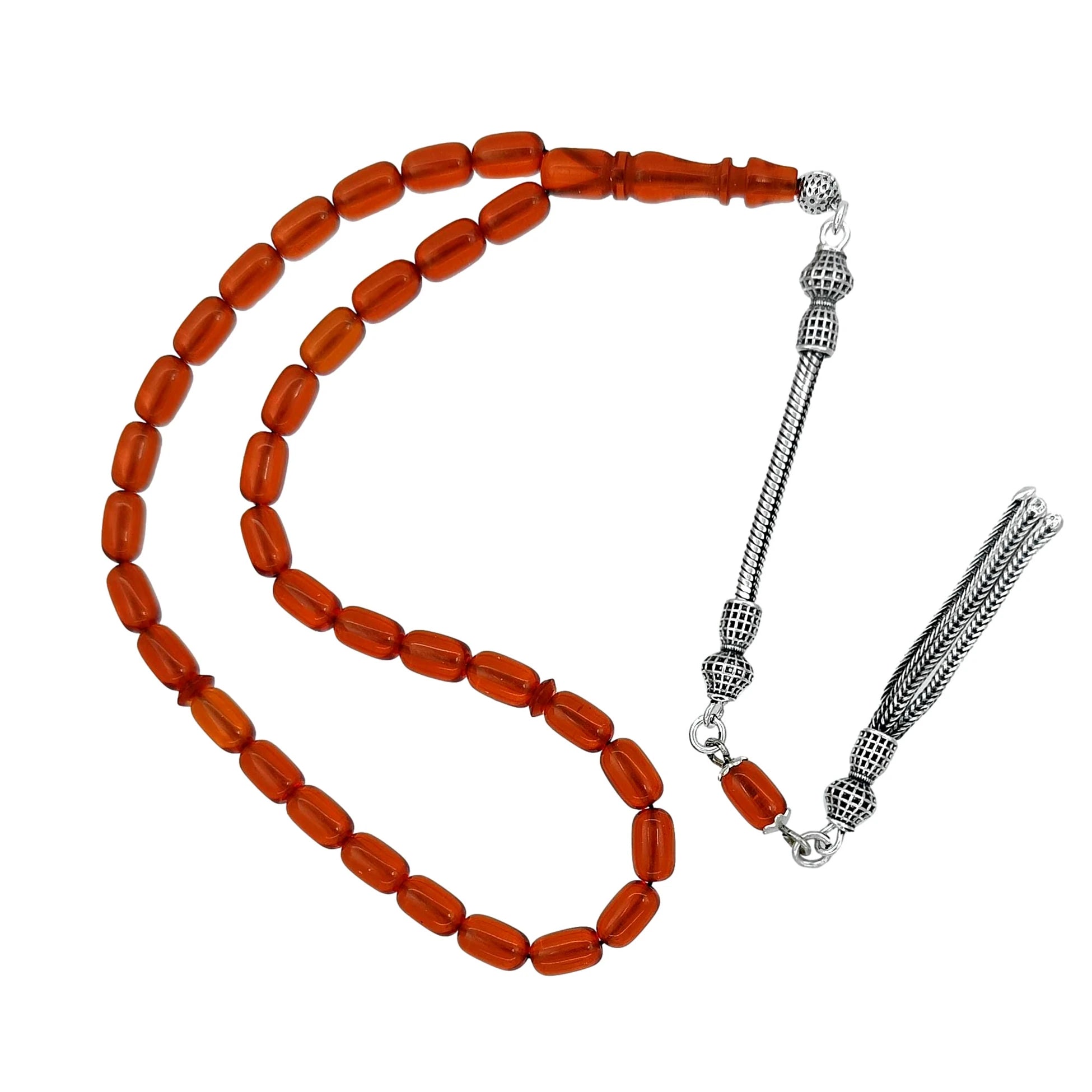 925 Ayar Gümüş Püsküllü Kapsül Kesim Sıkma Ateş Kehribar Tesbih 5 x 8 mm