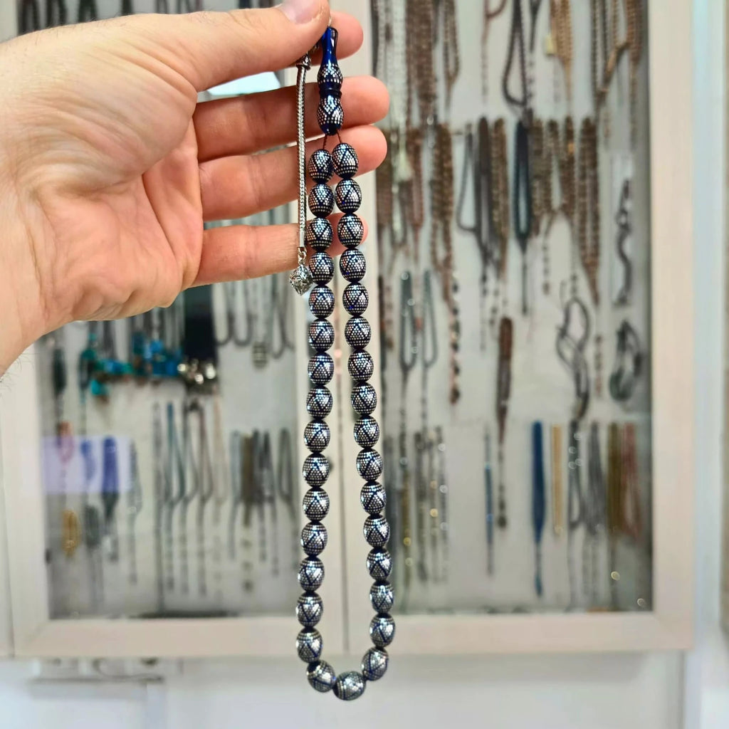 Yoğun Gümüş İşlemeli Sıkma Mavi Kehribar Tesbih