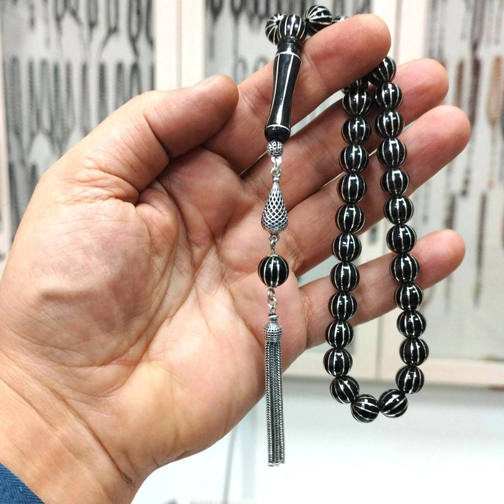 12li Karpuz Dilimi Gümüş Yarma işlemeli Oltu Tesbih 10 mm