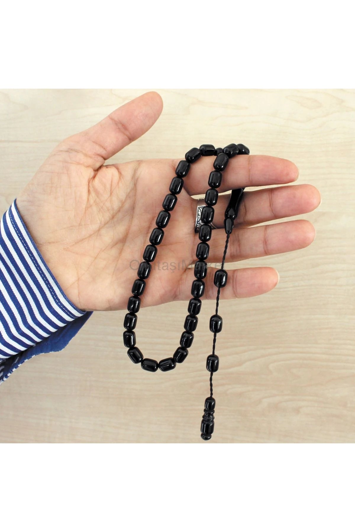 Erkek Siyah Kapsül Kesim Erzurum Oltu Taşı Tesbih Sistemli Kumpaslı 7 X 11 Mm