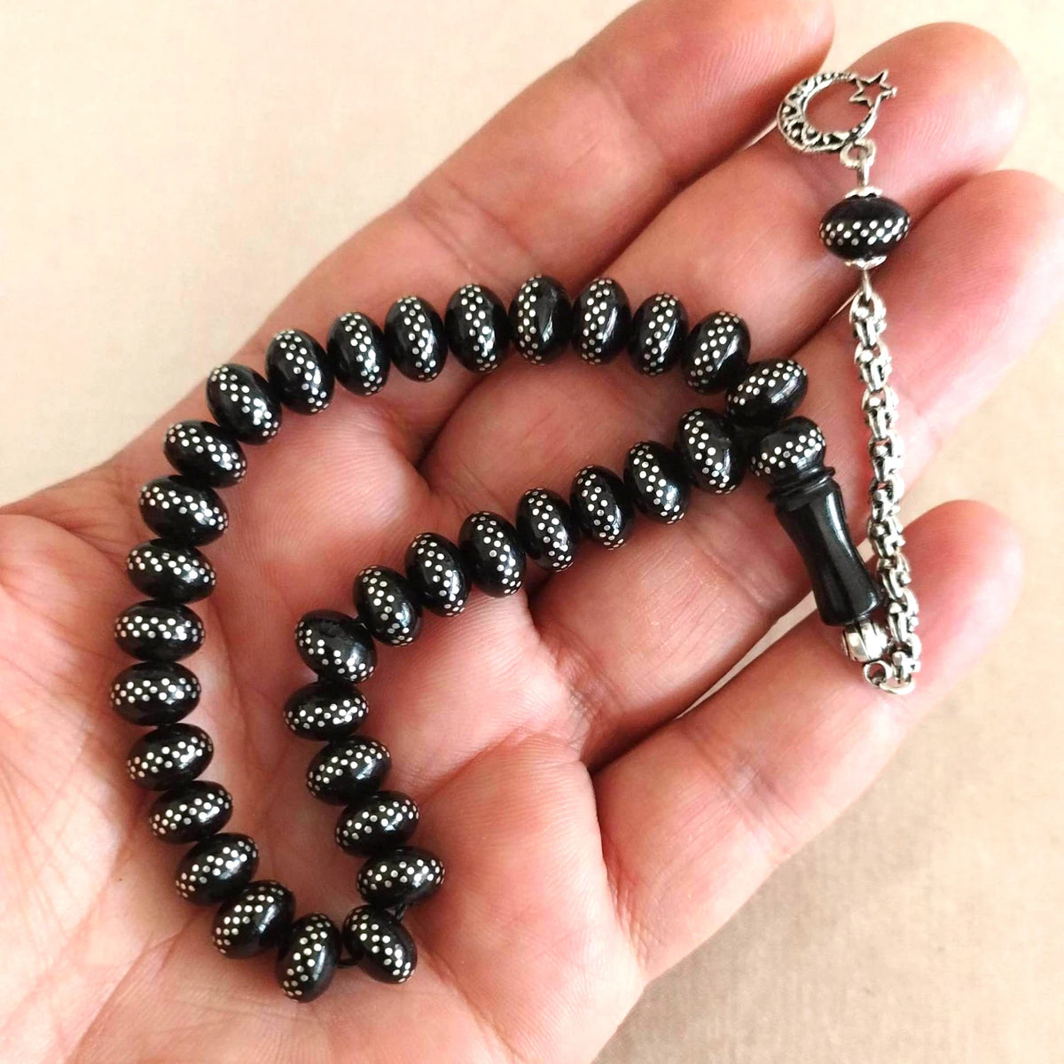 Silver Engraved Silver Tasselled 4 Parmak Oltu Prayer Beads