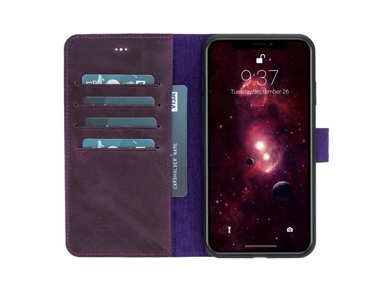 Apple iPhone XS Max Uyumlu Deri Cüzdanlı Kılıf Foncaze G7 Mor