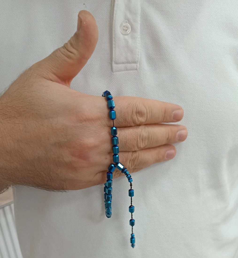 Bilek Boy Fasetalı Kapsül Kesim Mavi Renk Hematit Taşı Tesbih 5 x 8 mm