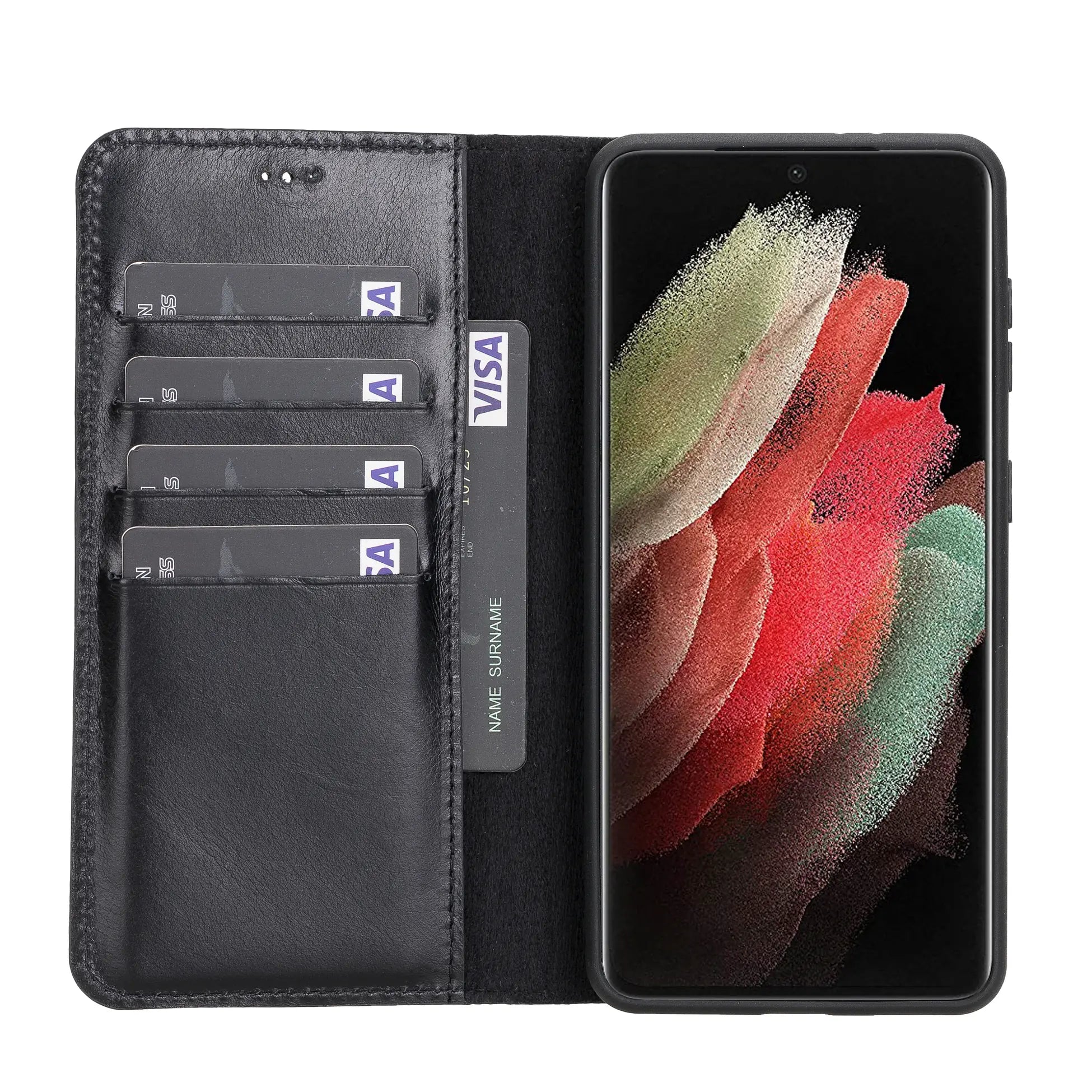 Samsung Galaxy S21 Plus Uyumlu Deri Cüzdanlı Kılıf RST1 Siyah