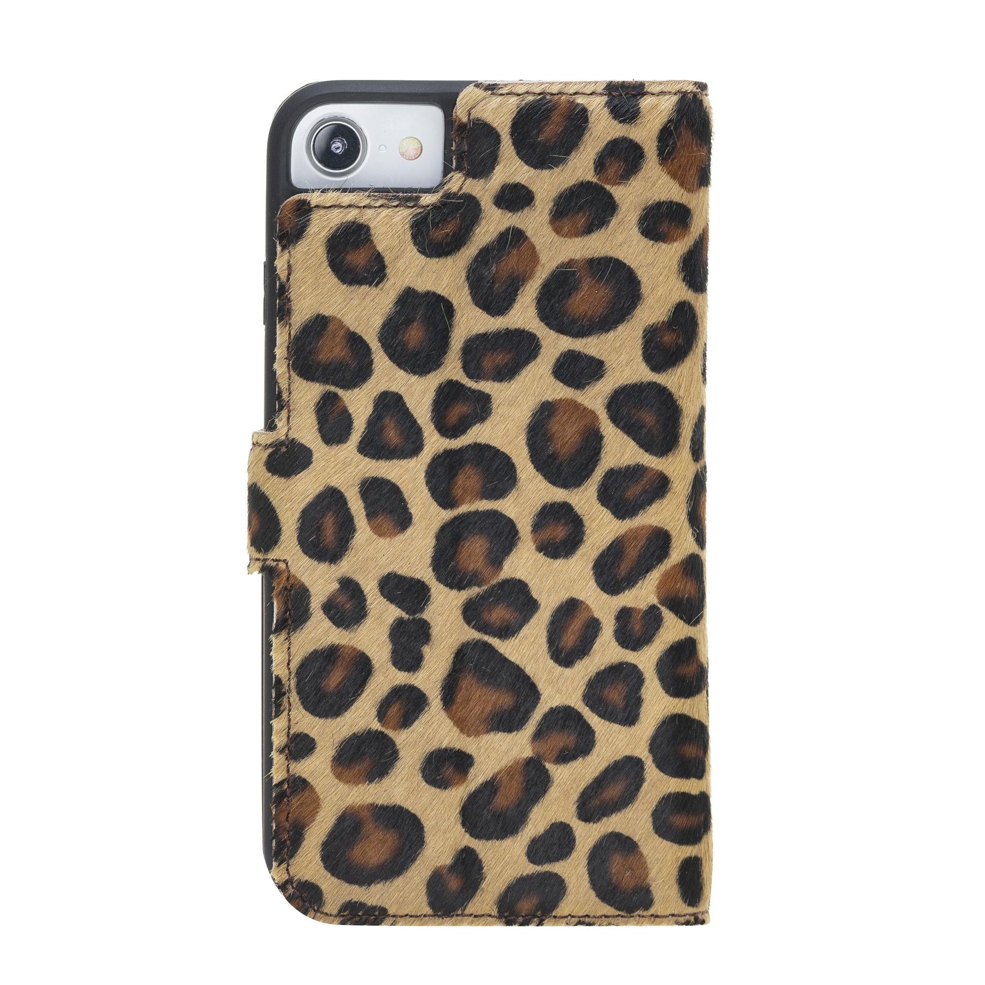 Apple iPhone 7-8-SE Uyumlu Deri Cüzdanlı Kılıf Leopar