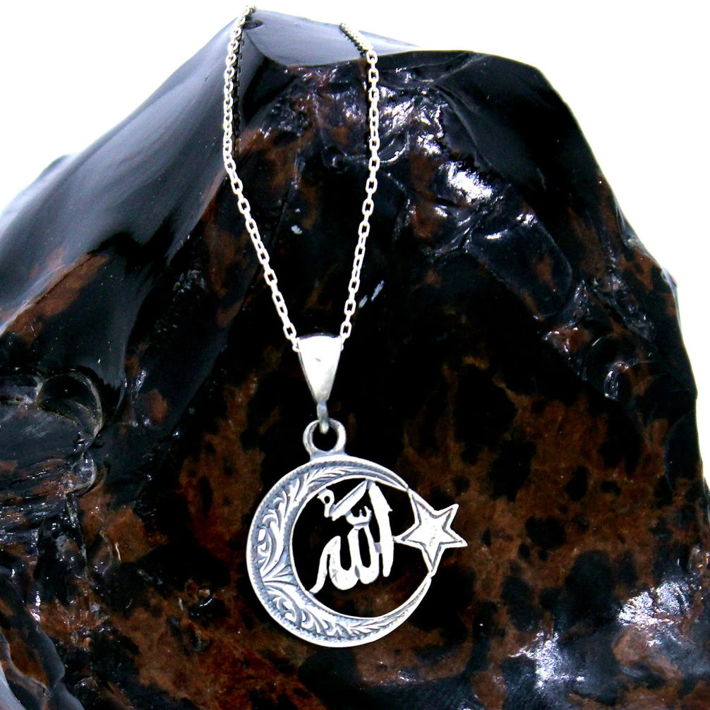 925 K Silver Star and Crescent & Allah Engraved Necklace