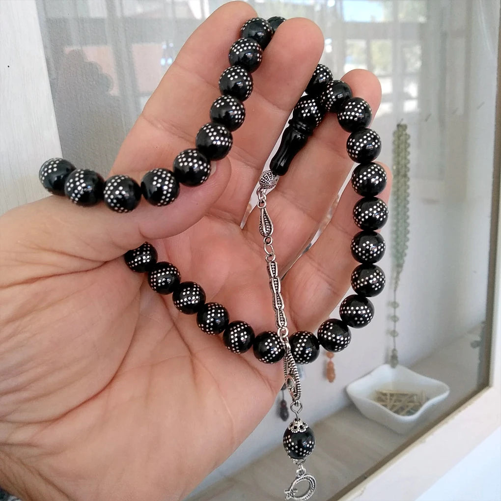 Küre Kesim Gümüş İşlemeli 10 mm Gürcistan Oltu Taşı Tesbih
