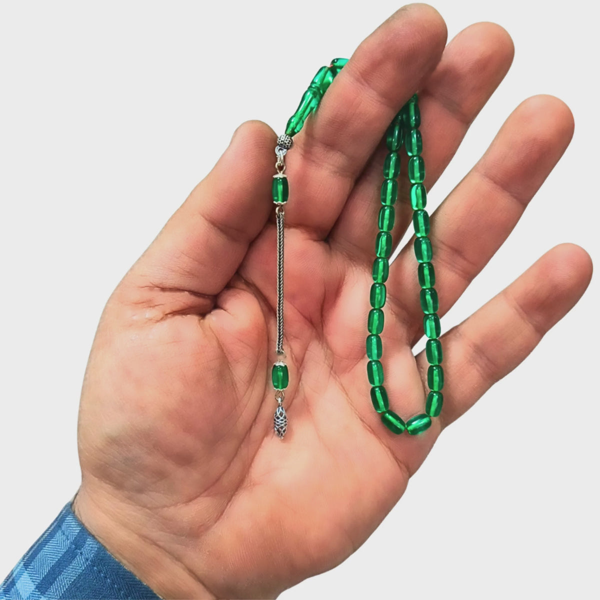 Gümüş Püsküllü Bilek Boy Kapsül Kesim Yeşil Sıkma Kehribar Tesbih 4,5 x 7,5 mm