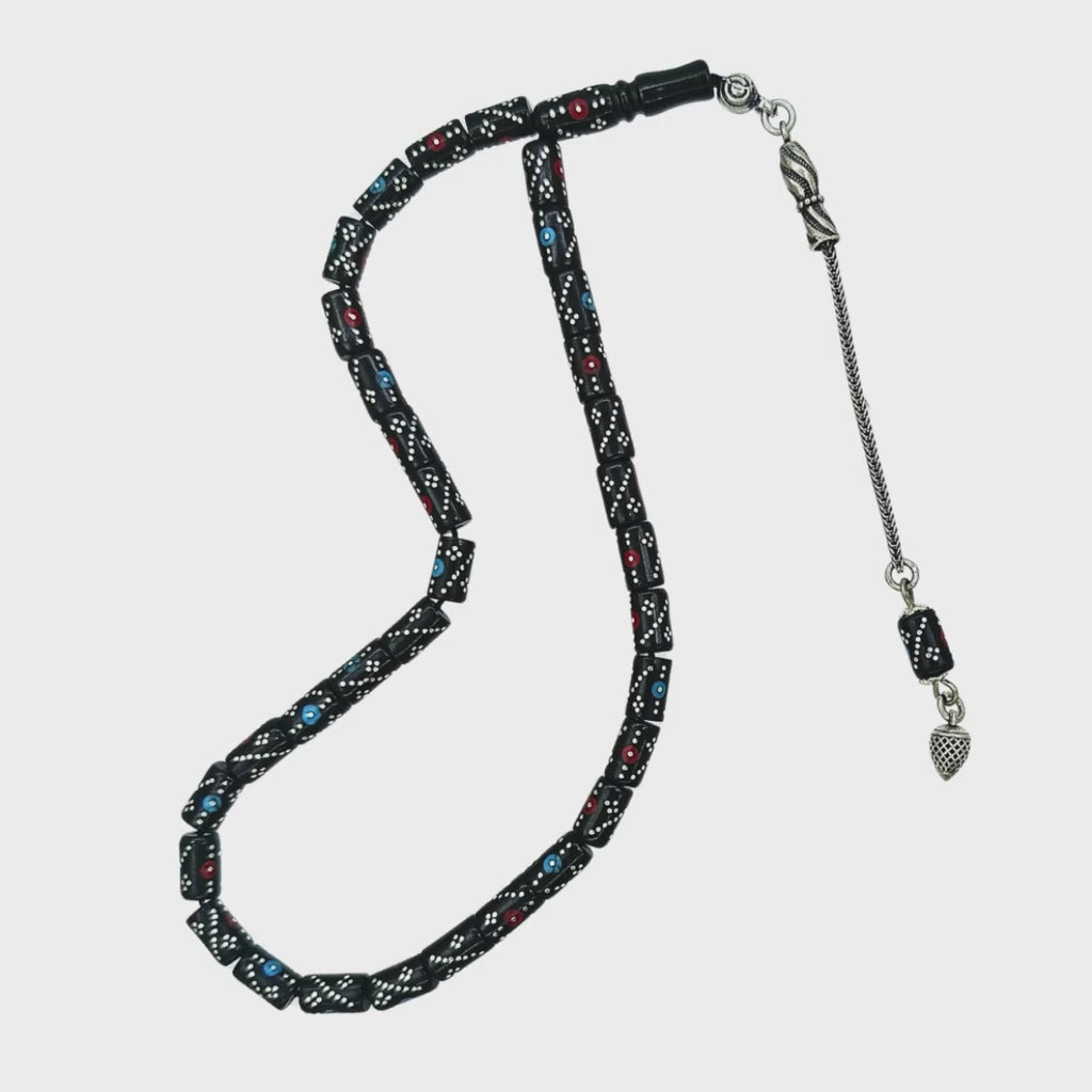 Firuze Mercan ve Gümüş İşlemeli Gümüş Püsküllü Gürcistan Oltu Tesbih 5 x 8 mm